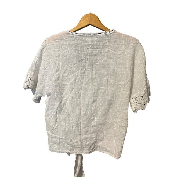 Max Studio Short Sleeve Blouse White Eyelet Lace Tie Front Cotton Blend LRG? - Picture 2 of 8